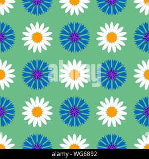 Seamless pattern background with cornflowers and chamomiles, colorful illustration. EPS10. Stock Vector