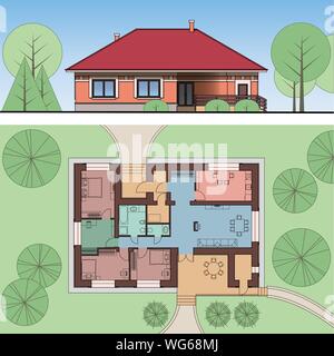 Architectural facade and plan of a house on the land. Views of single-storey cottage. Top view with furniture. Vector realistic illustration EPS 10. Stock Vector