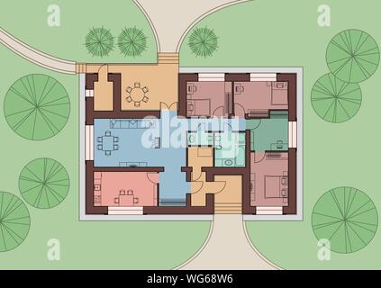 Architectural plan of a residential building on the land. Top view with furniture. Vector illustration. EPS10 Stock Vector