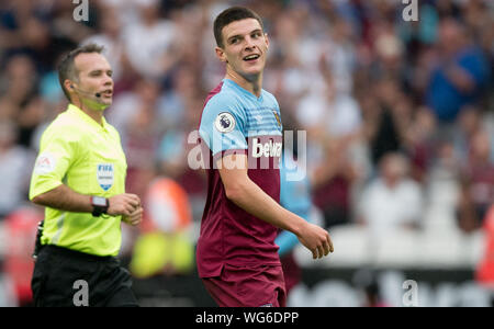 London, UK. 31st Aug, 2019. Declan Rice of West Ham United during the Premier League match between West Ham United and Norwich City at the Olympic Park, London, England on 31 August 2019. Photo by Andy Rowland. Credit: PRiME Media Images/Alamy Live News Stock Photo