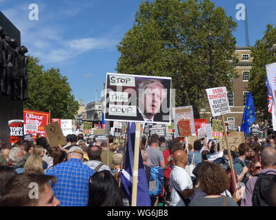 Thousands gather in Whitehall on 1st September 2019 to protest against Boris Johnsons's plans to prorogue parliament. Stock Photo