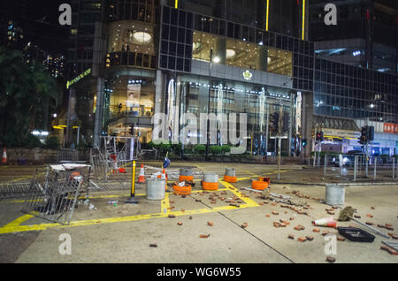 Hong Kong, 31 Aug 2019 - Aftermath of Hong Kong protest, barricades are seen on road. Stock Photo