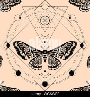 Night moth, pupa. Sacred geometry, esoteric symbols. Vector illustration. Seamless pattern Stock Vector