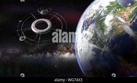 space station with spaceships in orbit of planet Earth (3d science fiction background rendering, elements of this image are furnished by NASA) Stock Photo