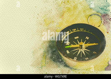 Compass on paper map. Digital watercolor painting effect. Copy space for text. Stock Photo