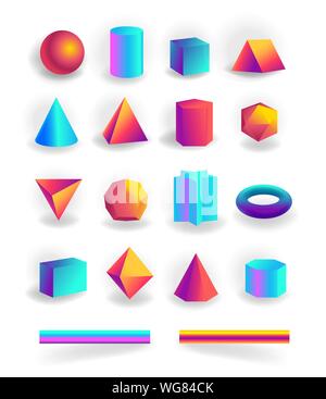 Set of 3d geometric shapes and editable strokes with holographic gradient isolated Stock Vector