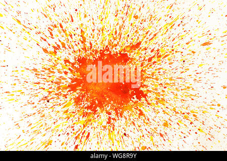 Watery spreading and splashing of red with yellow and orange colored on white background , Illustration abstract watercolor hand draw Stock Photo