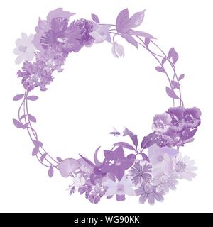 Garland of realistic flower with flying bee isolated on white background with empty space, purple tone, vector illustratiom. Stock Vector