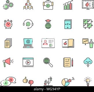 color linear set of e-learning and education on white Stock Vector