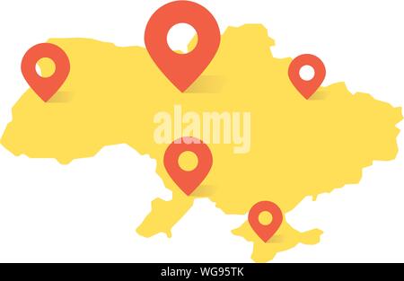 yellow ukraine map with red pin on white background Stock Vector