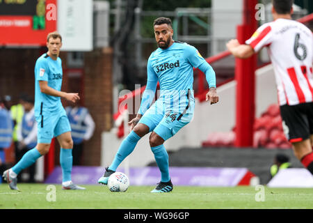 London, UK. 31st Aug, 2019. Tom Huddlestone of Derby County in action during the EFL Sky Bet Championship match between Brentford and Derby County at Griffin Park, London, England on 31 August 2019. Photo by Ken Sparks. Editorial use only, license required for commercial use. No use in betting, games or a single club/league/player publications. Credit: UK Sports Pics Ltd/Alamy Live News Stock Photo