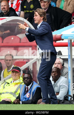 London, UK. 31st Aug, 2019. Brentford Manager Thomas Frank during the EFL Sky Bet Championship match between Brentford and Derby County at Griffin Park, London, England on 31 August 2019. Photo by Ken Sparks. Editorial use only, license required for commercial use. No use in betting, games or a single club/league/player publications. Credit: UK Sports Pics Ltd/Alamy Live News Stock Photo