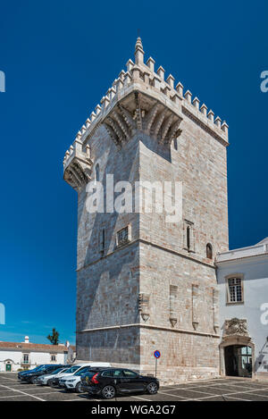 Torre das Tres Coroas, Manueline style, at castle, now Pousada de Santa Rainha Isabel, in Estremoz, Evora district, Alentejo Central, Portugal Stock Photo