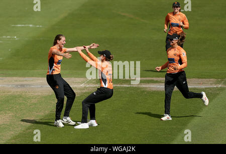 Southern Vipers Lauren Bell celebrates bowling out Loughborough Lightning Amy Jones (not in picture) during Kia Super League Semi Final at the 1st Central County Ground, Hove. Stock Photo