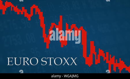 The EURO STOXX, a stock market index of the Eurozone is falling. The red graph next to the silver EURO STOXX title on a blue background shows downward... Stock Photo