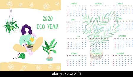 Calendar 2020. Calendar set with yoga woman sitting minimalistic geometric scandinavian style and trendy colors. Week Starts on Sunday. Stock Vector