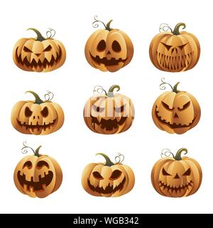 Halloweens pumpkins set. Symbol mascots for scary autumn holiday Halloween, awful grimace pumpkins. Eye-socket and toothy mouth. Vector illustration Stock Vector