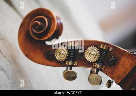 Details with the scroll, peg box, nuts, machine heads, tuning keys and tuners (the headstock) of a double bass Stock Photo