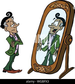 Sceptical man looking in the mirror how open he can really be Stock Vector