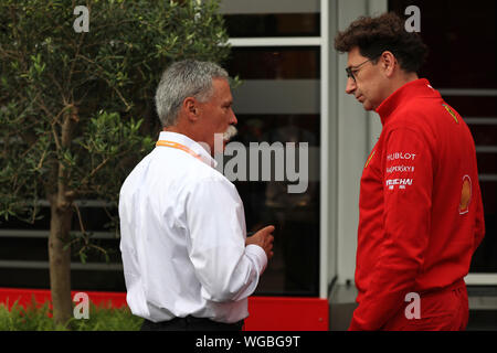 Spa, Belgium. 01st Sep, 2019. 1st September 2019; Spa-Francorchamps racing circuit, Stavelot, Belgium; Formula 1 Grand Prix of Belgium, Race Day; Chase Carey and Mattia Binotto - Editorial Use Only. Credit: Action Plus Sports Images/Alamy Live News Stock Photo