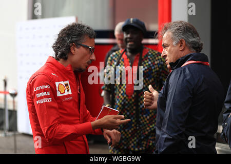 Spa, Belgium. 01st Sep, 2019. 1st September 2019; Spa-Francorchamps racing circuit, Stavelot, Belgium; Formula 1 Grand Prix of Belgium, Race Day; Laurent Mekies, Sporting Director of Scuderia Ferrari and Jean Alesi - Editorial Use Only. Credit: Action Plus Sports Images/Alamy Live News Stock Photo