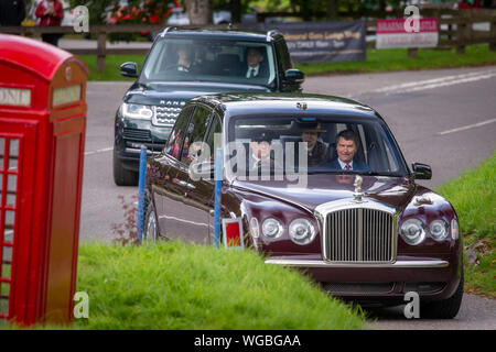 Queen Elizabeth II and the Princess Royal arrive at Crathie Kirk in Scotland for a Sunday morning church service. Stock Photo