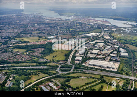 The M27 spur to Southampton Docks, Southern England, UK, Southampton water distant Stock Photo