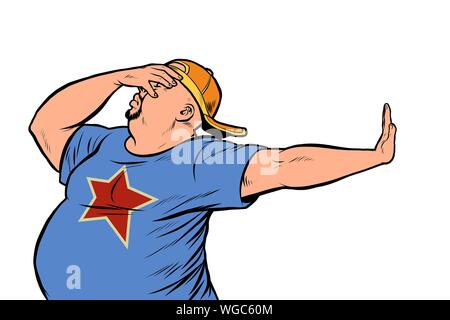 fat man. gesture no, shame. Pop art retro vector Illustrator vintage kitsch drawing Stock Vector