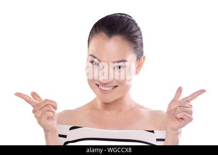 Asian Woman showing two finger point up Stock Photo