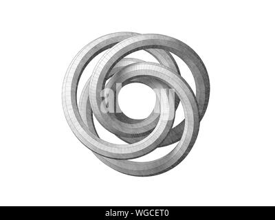 Torus knot geometrical representation. Abstract object isolated on white background. Graphite pencil stylized 3d rendering illustration