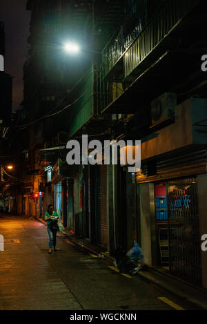 Street scene at night in historical district of Macau Stock Photo