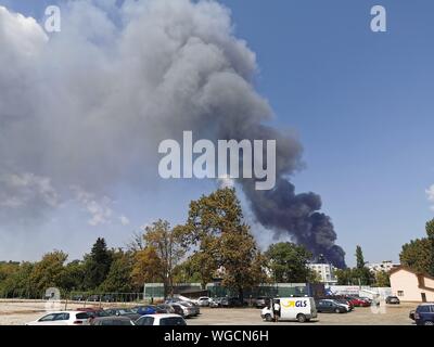 30 Aug 2019-Bucharest, Romania. The fire from the industrial bay from street Biharia on 30 August 2019