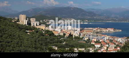 Aerial view of Ajaccio, Corsica, France. The harbor area and city seen from the mountains. Stock Photo