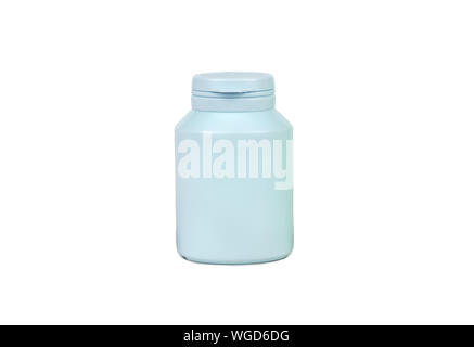Blue plastic jar for tablets and powder on white background Stock Photo
