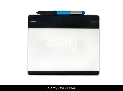 Small graphic tablet with pen isolated on white background, top view Stock Photo