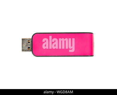 Pink plastic USB flash drive isolated on white background, top view Stock Photo