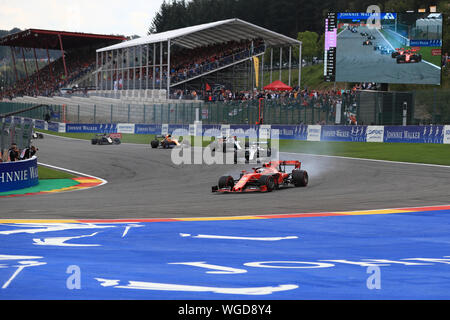 Spa, Belgium. 01st Sep, 2019. 1st September 2019; Spa-Francorchamps racing circuit, Stavelot, Belgium; Formula 1 Grand Prix of Belgium, Race Day; Vettel ahead of the 2 Mercedes cars early in the race - Editorial Use Only. Credit: Action Plus Sports Images/Alamy Live News Stock Photo