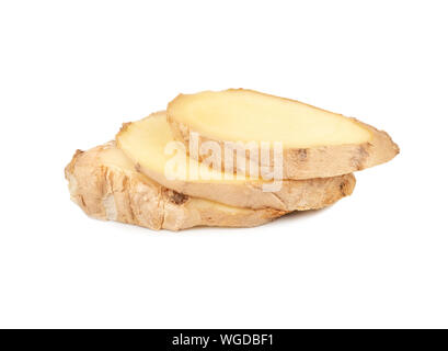 Three slices of fresh ginger root on white background Stock Photo