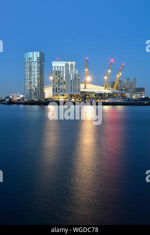 Greenwich Peninsula, Intercontinental Hotel and Arora Tower alongside the O2 Arena, Greenwich, London SE10, United Kingdom Stock Photo