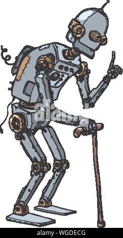 very old robot man with a stick. Pop art retro vector illustration drawing Stock Vector