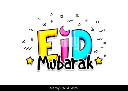 Comic text Eid Mubarak greeting greeting cartoon Stock Vector