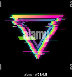 Colorful glitch triangle geometric shape, frame with neon glitch effect Stock Vector
