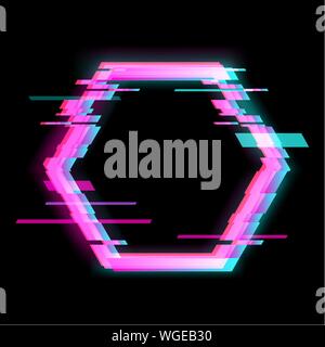 Colorful glitch hexagon geometric shape, frame with neon glitch effect Stock Vector