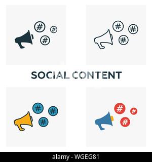 Social Content icon set. Four elements in diferent styles from content icons collection. Creative social content icons filled, outline, colored and Stock Vector
