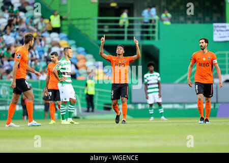 Filipe Augusto of Rio Ave FC celebrates his goal with the team during the League NOS 2019/20 football match between Sporting CP vs Rio Ave FC.(Final score: Sporting CP 2 - 3 Rio Ave FC) Stock Photo
