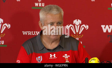 Screen grab taken from PA Video of Wales head coach Warren Gatland during a press conference at The Vale Resort, Hensol. Stock Photo