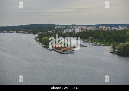 Aerial top view panorama of yacht club marina at a bay of Lake Stock Photo