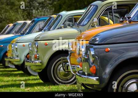 Colourful line up of classic Fiat 500 cars at a car show, UK Stock Photo