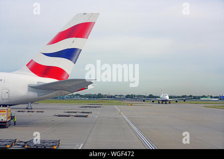 HEATHROW, ENGLAND -21 AUG 2019- View of an airplane from British Airways (BA) at London Heathrow Airport (LHR), the main airport in London. Stock Photo