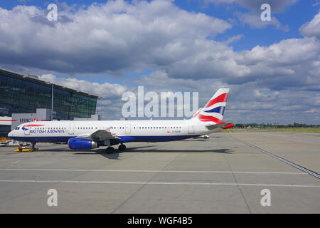 HEATHROW, ENGLAND -21 AUG 2019- View of an airplane from British Airways (BA) at London Heathrow Airport (LHR), the main airport in London. Stock Photo